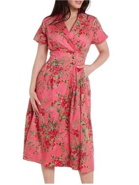 Hermoza Coral Pink Floral Wrap-Style Midi Dress